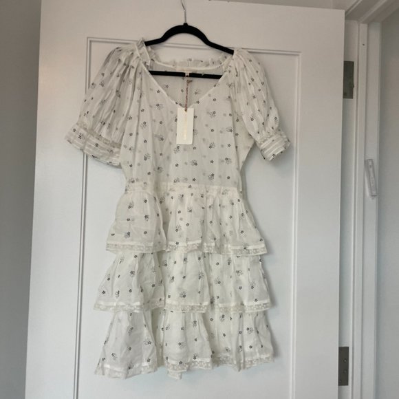 LoveShackFancy Azura Mini Dress White Deep V-neck Puff Sleeves Ruffled Skirt - Picture 8 of 13